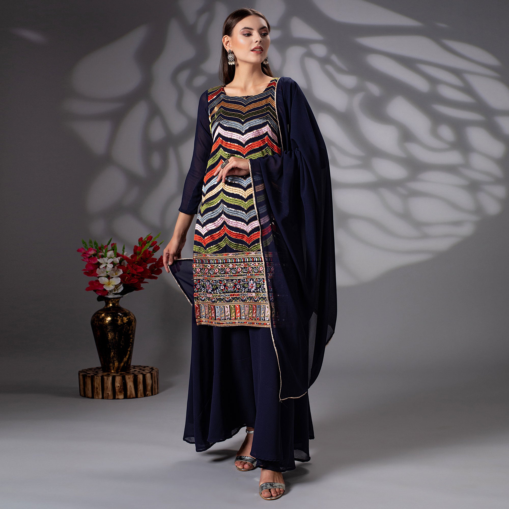 Navy Blue Sequins Embroidered Georgette Sharara Suit