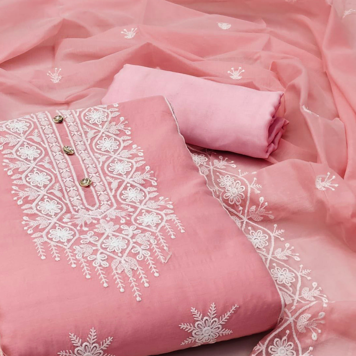 Pink Floral Embroidered Chanderi Dress Material