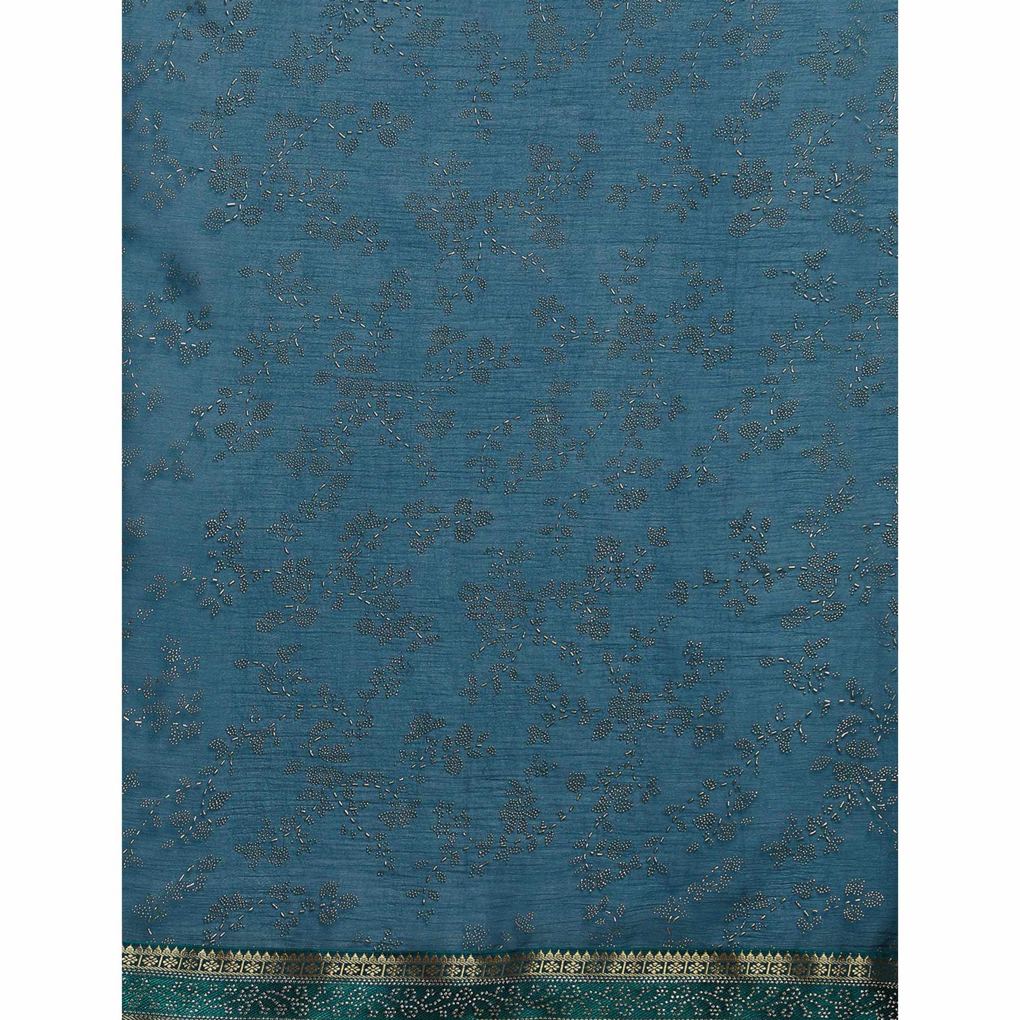 Blue Floral Foil Printed Shimmer Saree