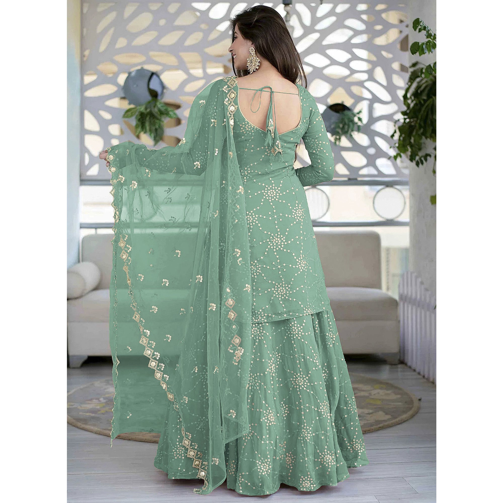 Sea Green Sequins Embroidered Georgette Gharara Style Suit