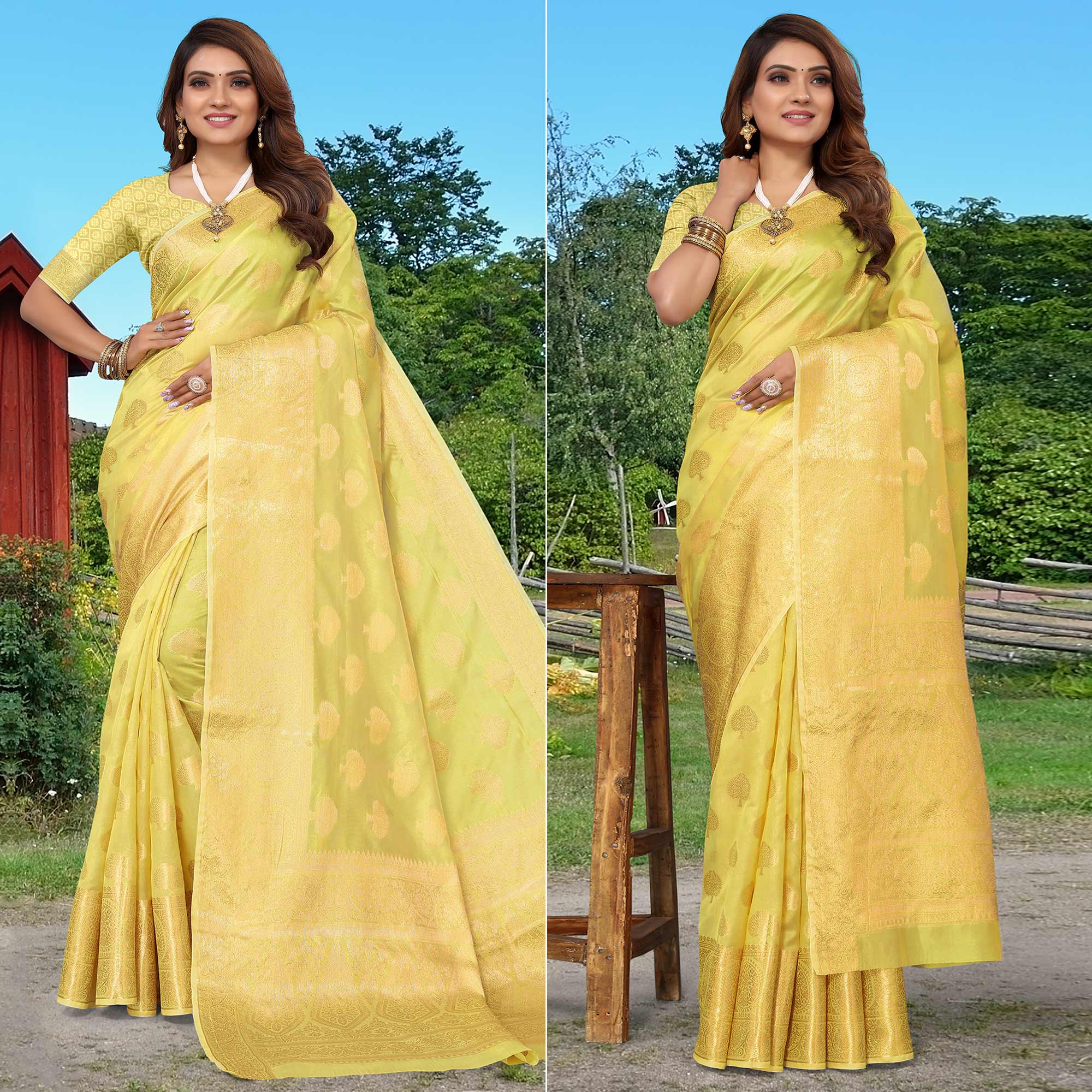 Lemon Yellow Woven Organza Saree