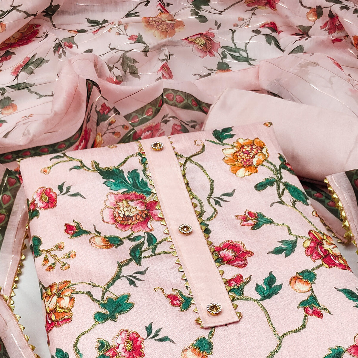 Pink Floral Printed Banglori Silk Dress Material