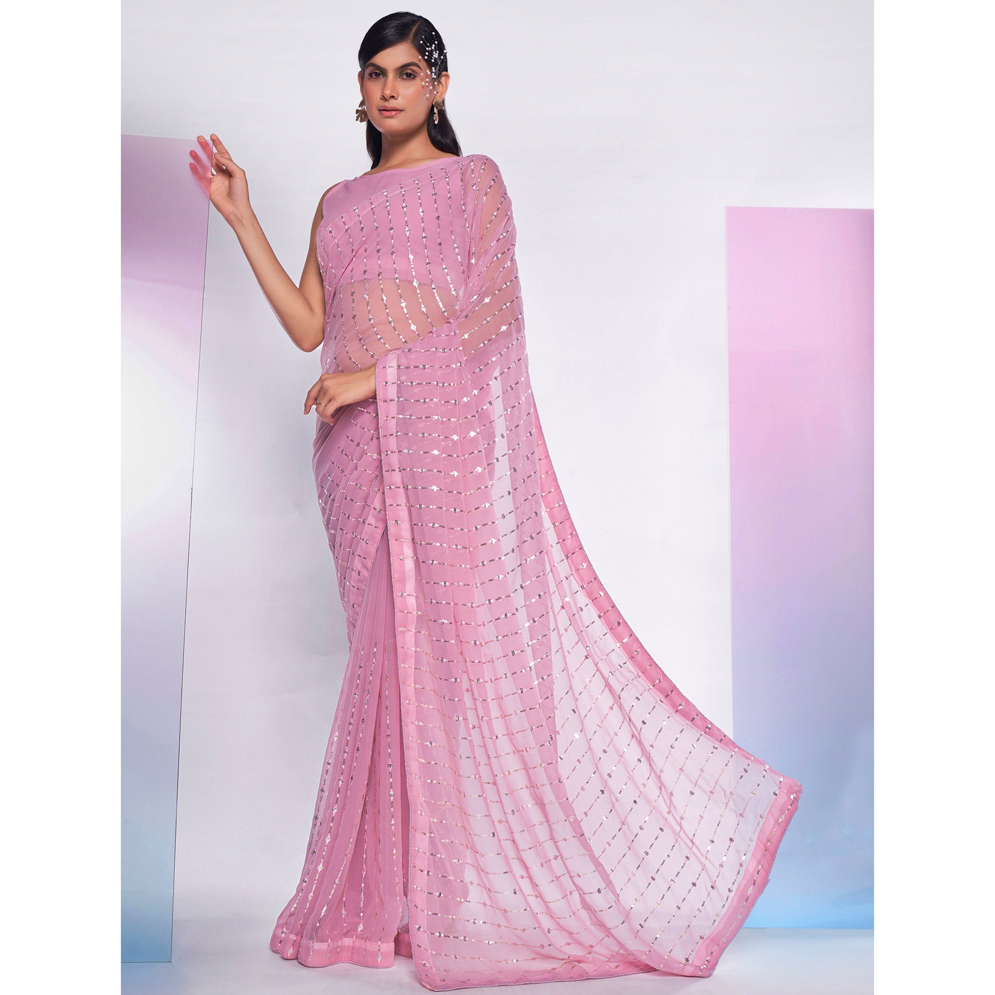 Pink Sequins Embroidered Georgette Saree