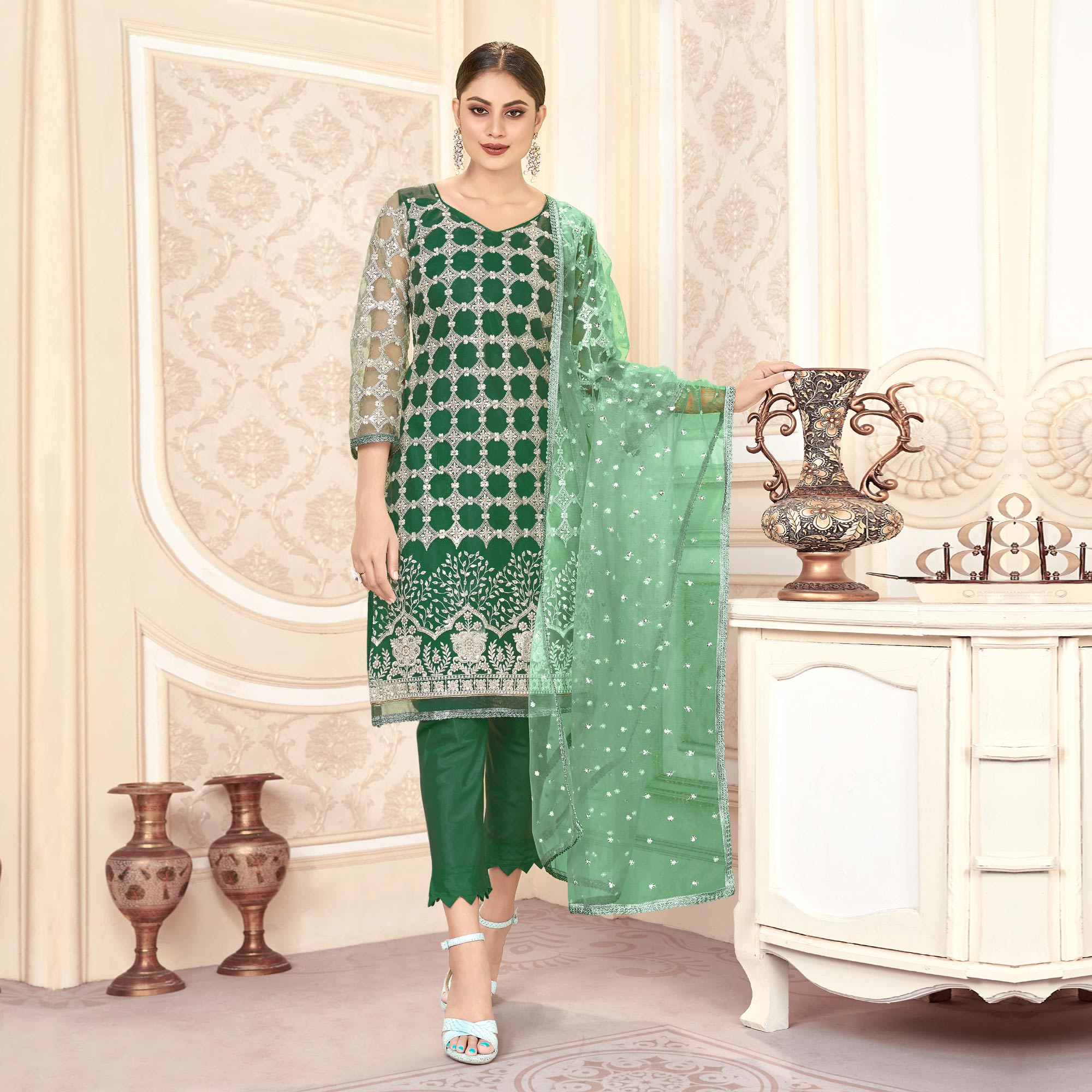 Green Sequins Embroidered Net Semi Stitched Suit