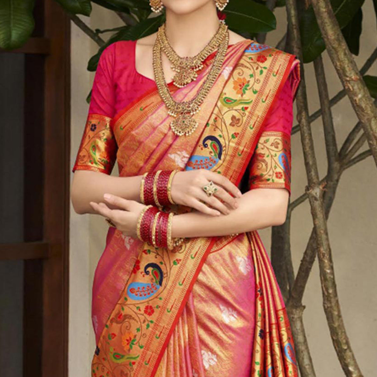 Pink Woven Kanjivaram Silk Paithani Saree With Tassels