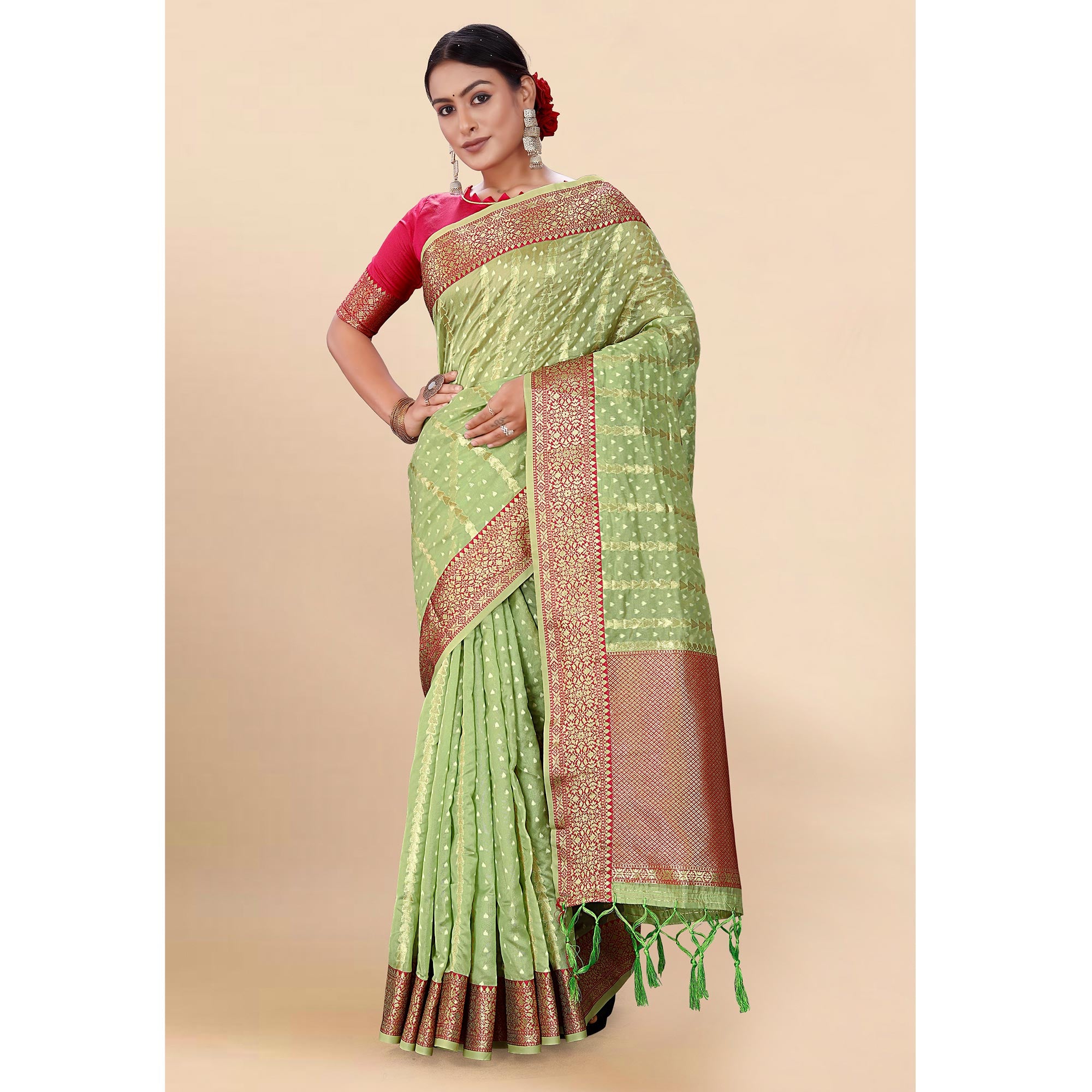 Green Woven Organza Saree With Tassels