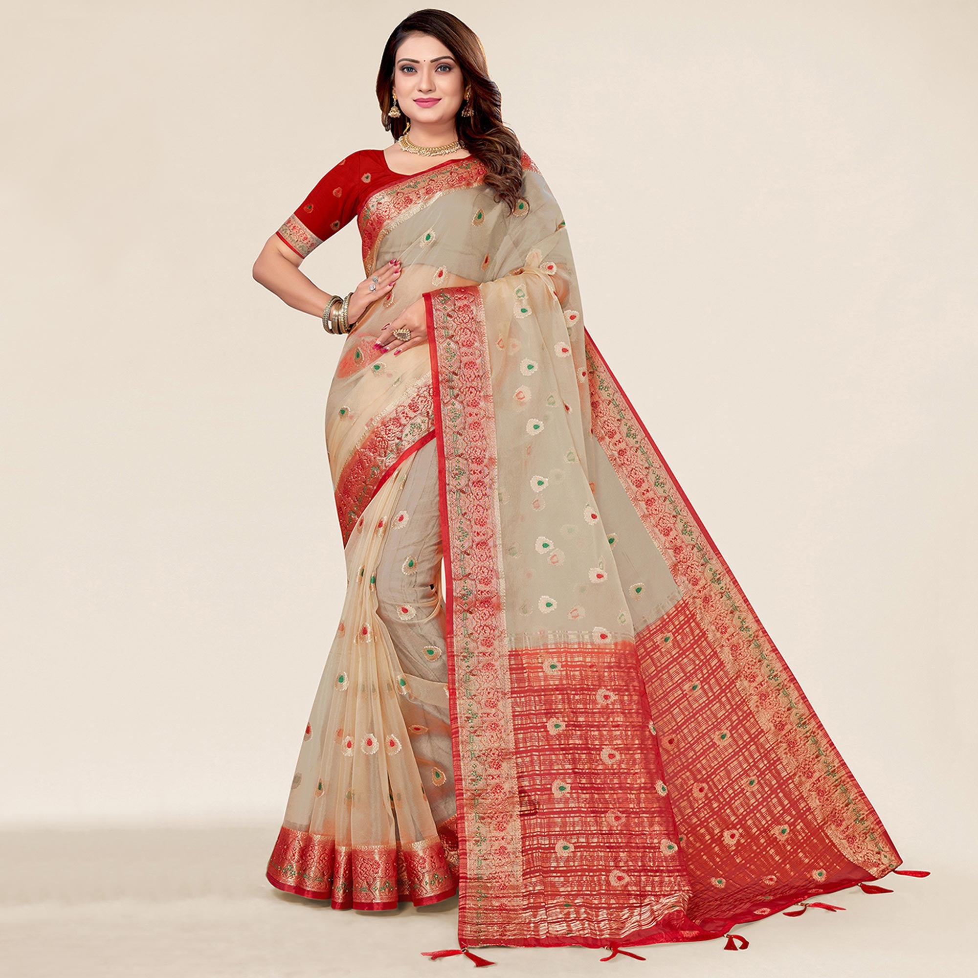 Beige Woven Organza Saree With Tassels