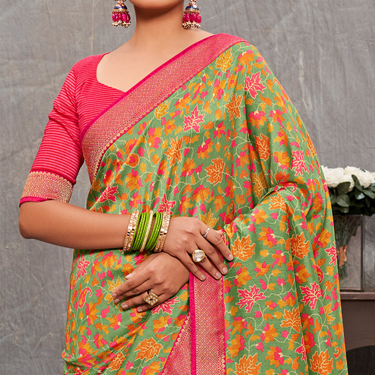 Green Floral Printed Tussar Silk Saree