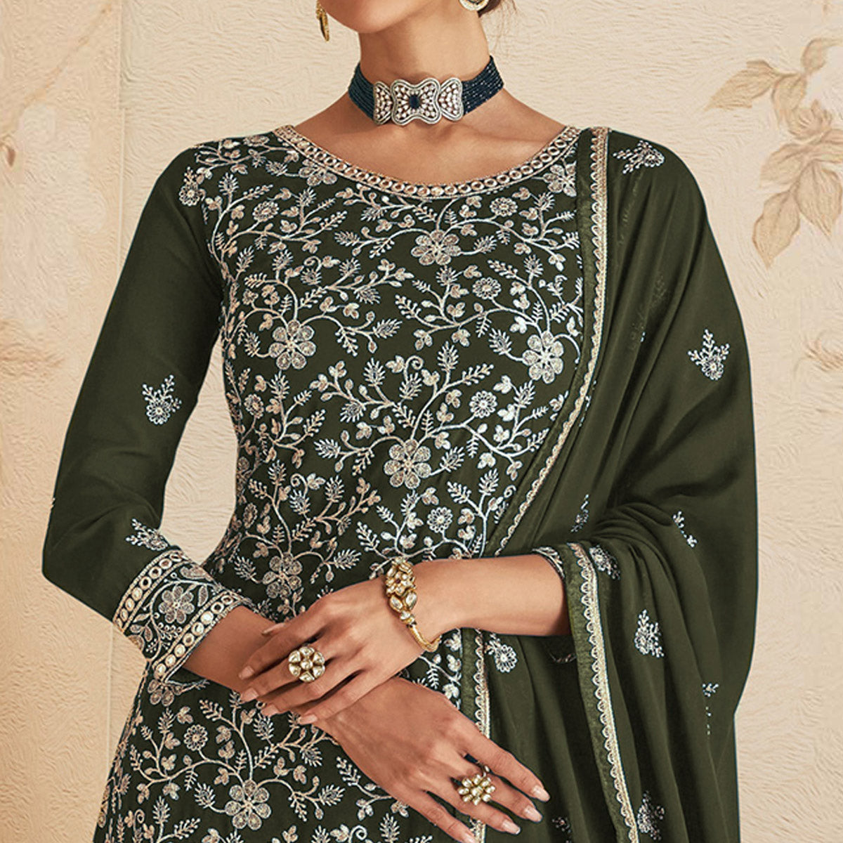 Dark Olive Green Sequins Embroidered Georgette Semi Stitched Sharara Suit
