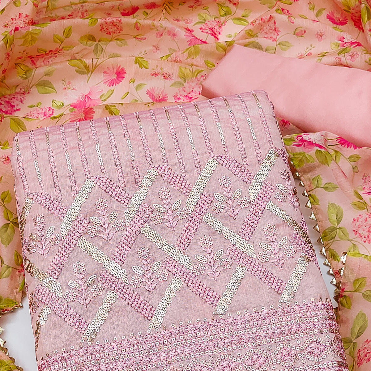 Pink Sequins Embroidered Chanderi Dress Material