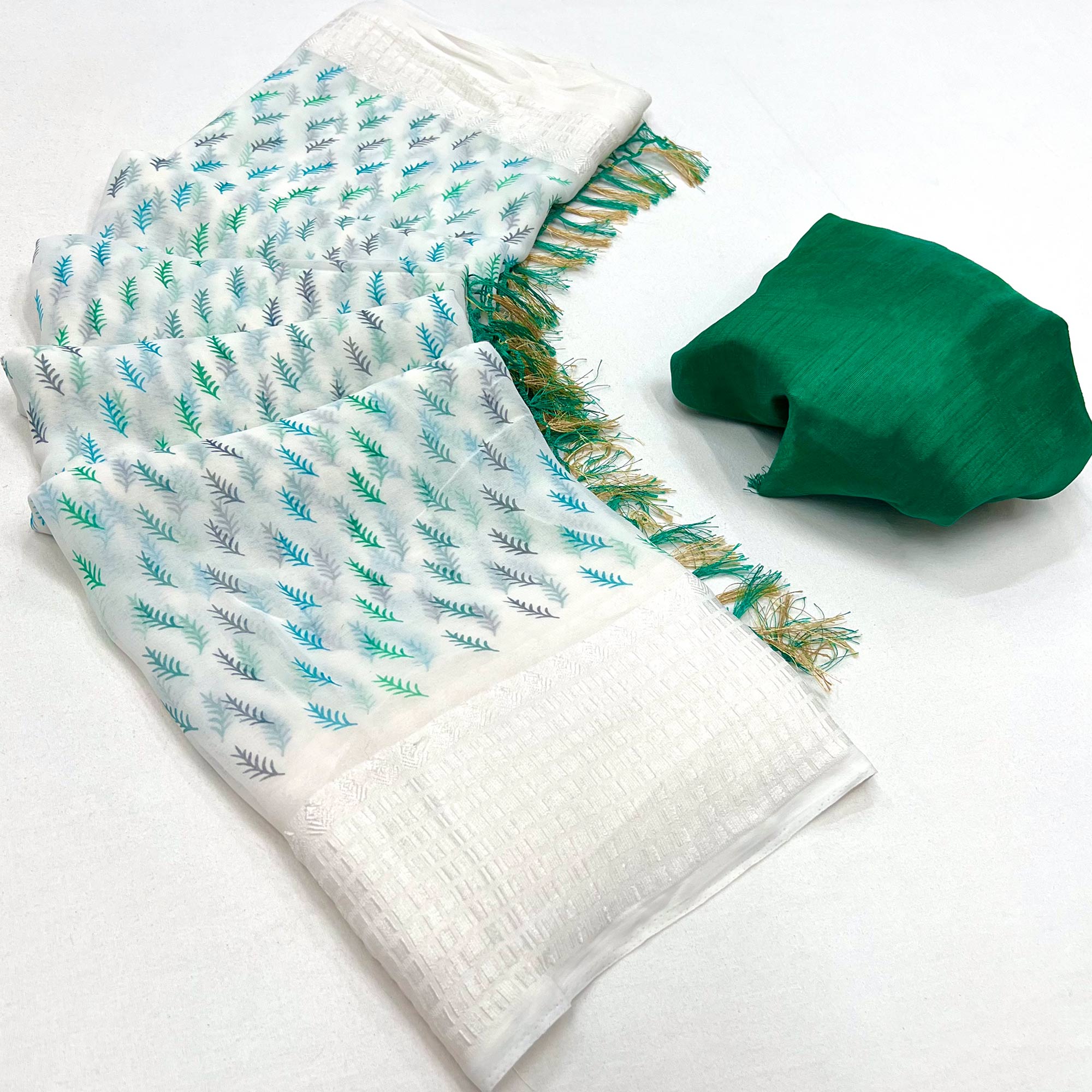 White Printed With Checks Border Georgette Saree