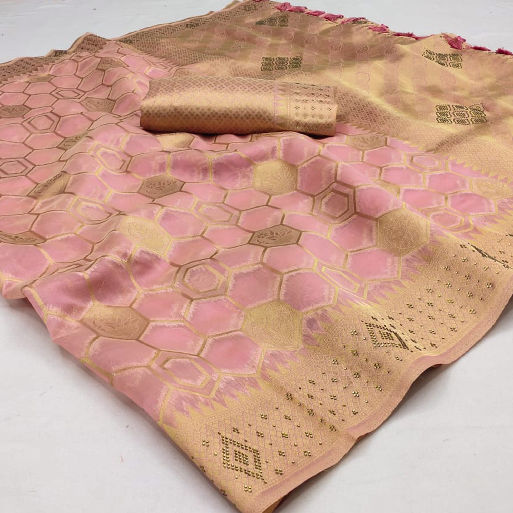 Pink Woven Art Silk Saree With Tassels