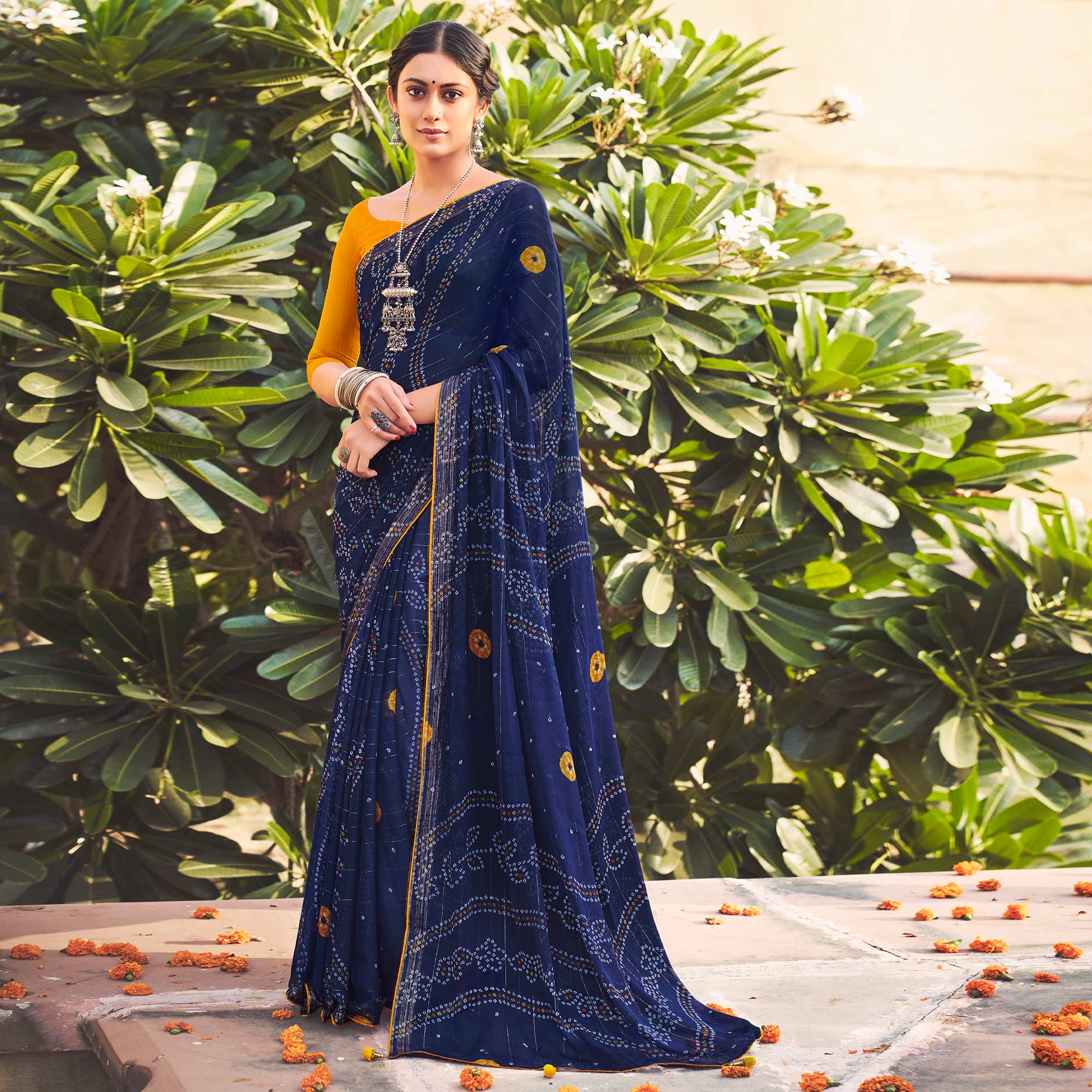 Navy Blue Printed Chiffon Saree