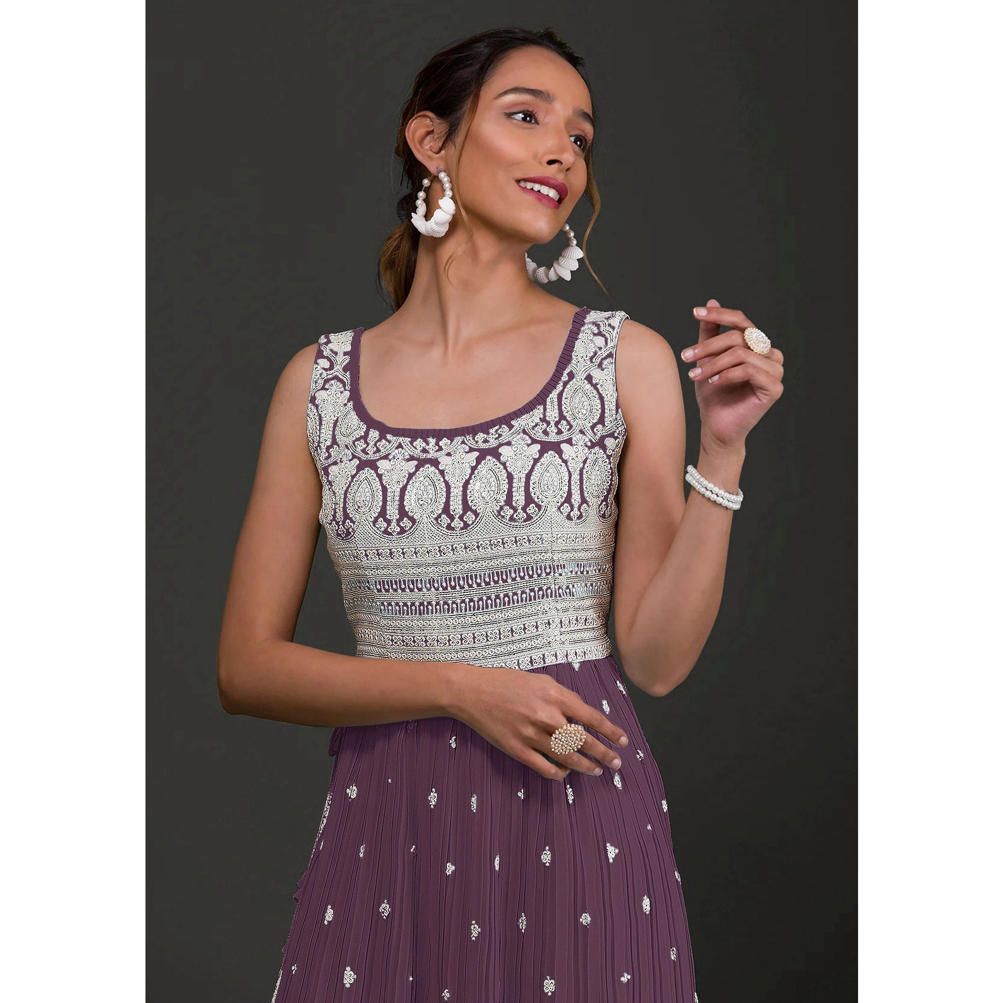 Purple Embroidered Georgette Naira Cut Semi Stitched Palazzo Suit