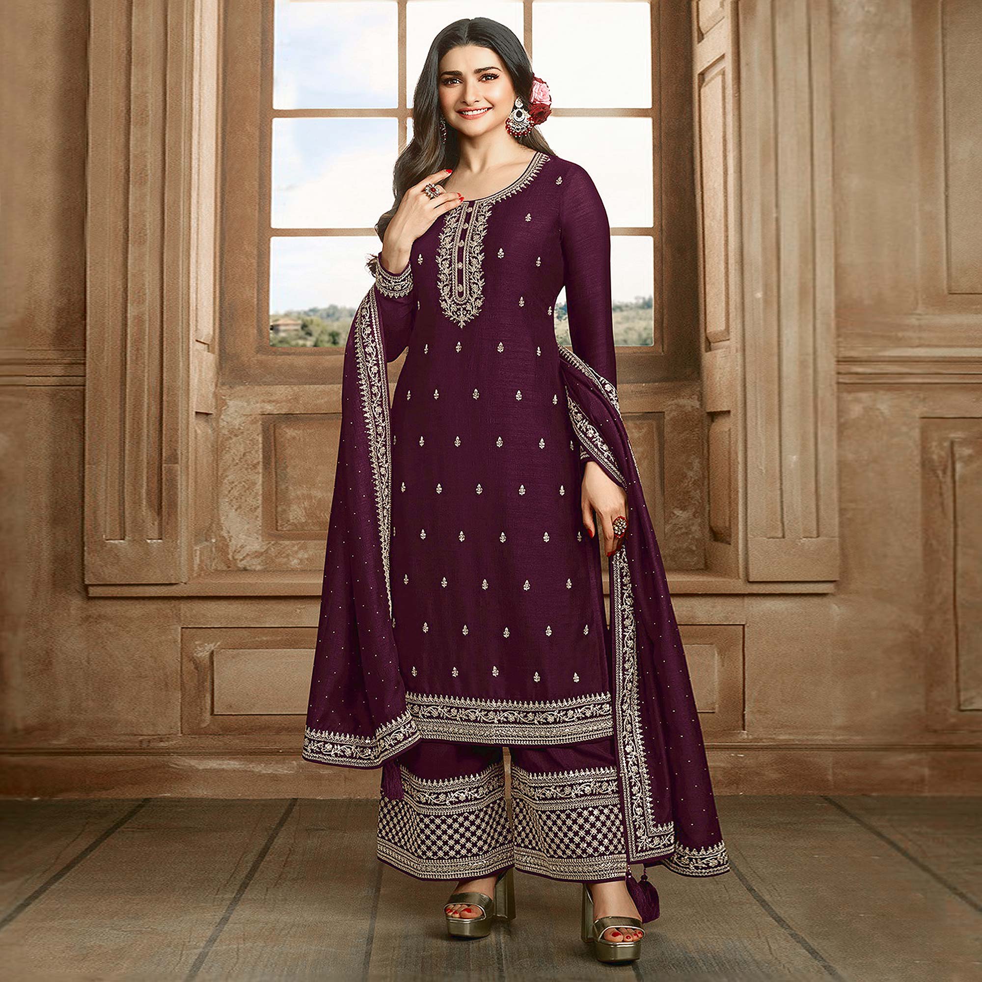 Wine Floral Embroidered Georgette Semi Stitched Palazzo Suit