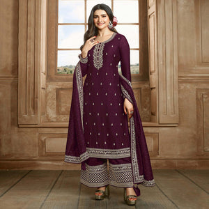 Wine Floral Embroidered Georgette Semi Stitched Palazzo Suit