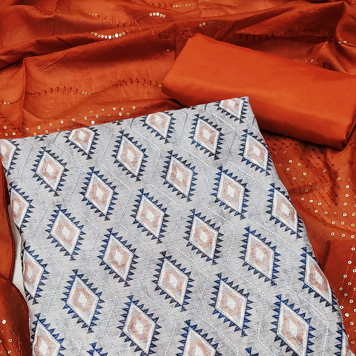 Grey Digital Printed With Embroidered Chanderi Dress Material