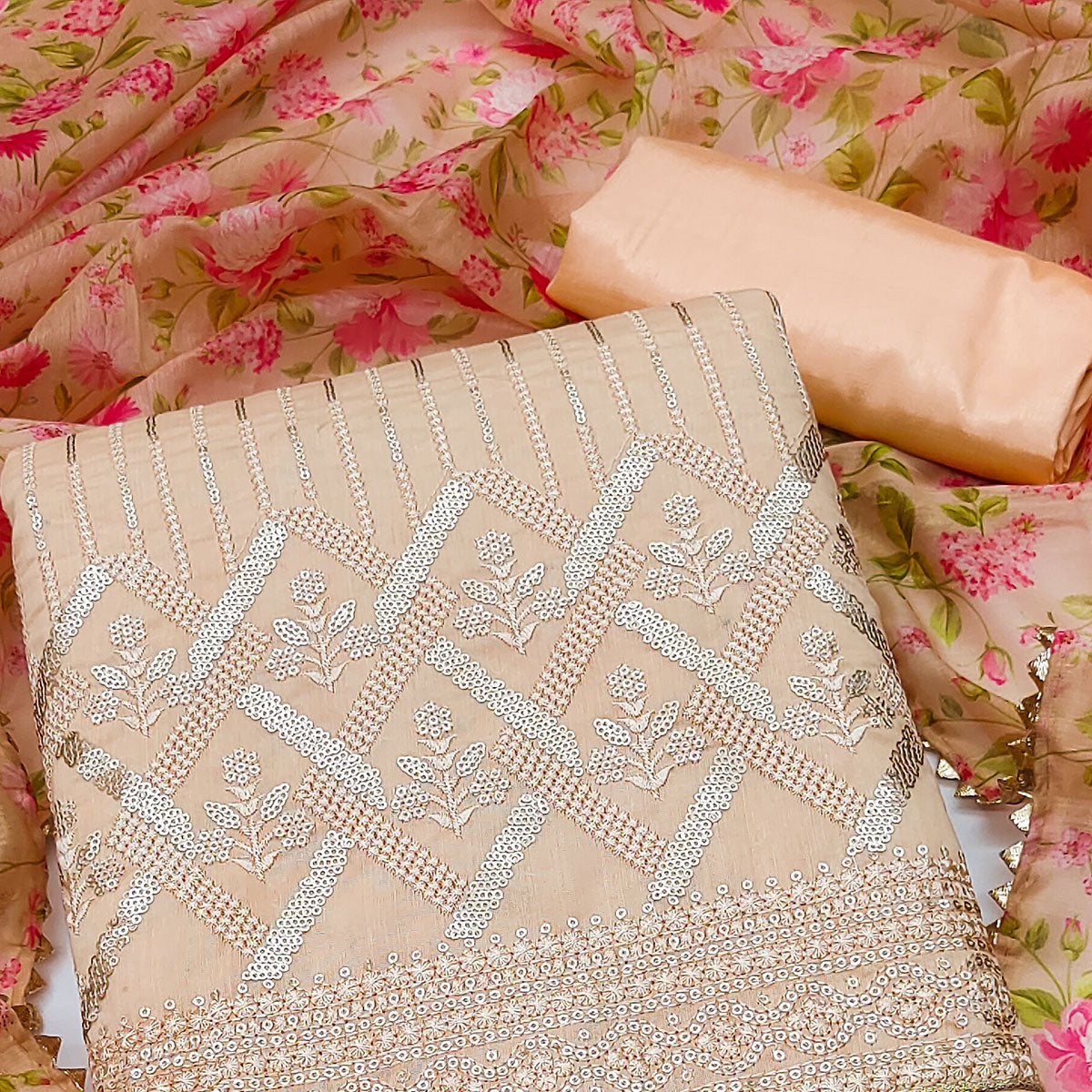 Peach Sequins Embroidered Chanderi Dress Material