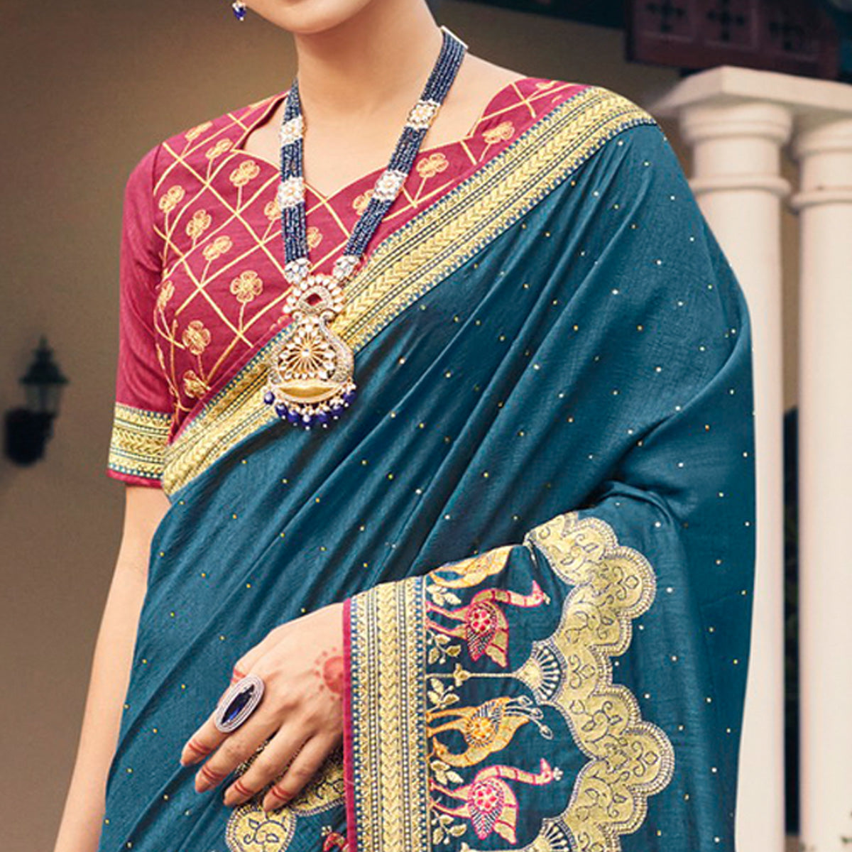 Teal Blue Embroidered With Stone Work Vichitra Silk Saree
