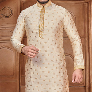 Beige Woven Jacquard Kurta Pyjama Set