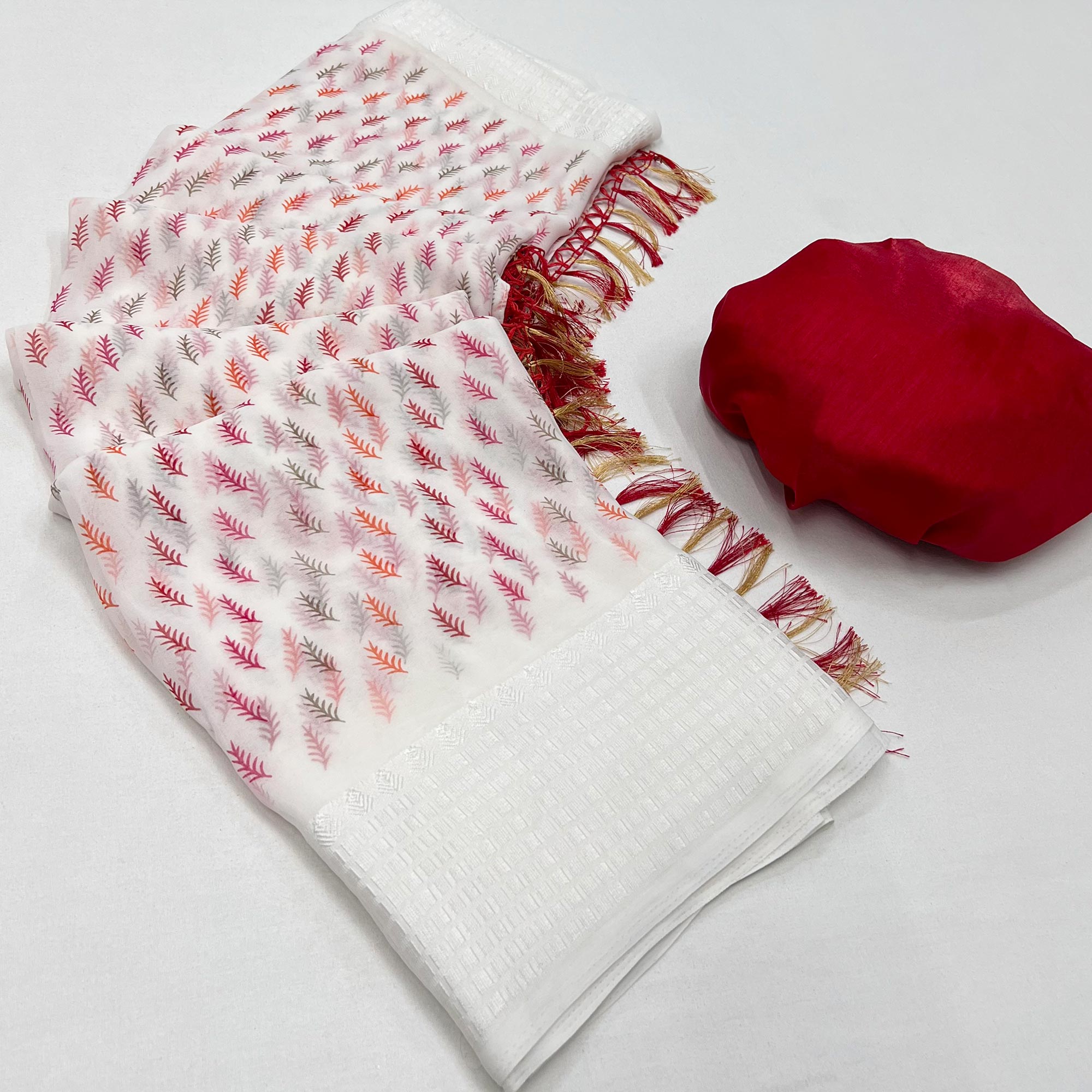 White Printed With Checks Border Georgette Saree