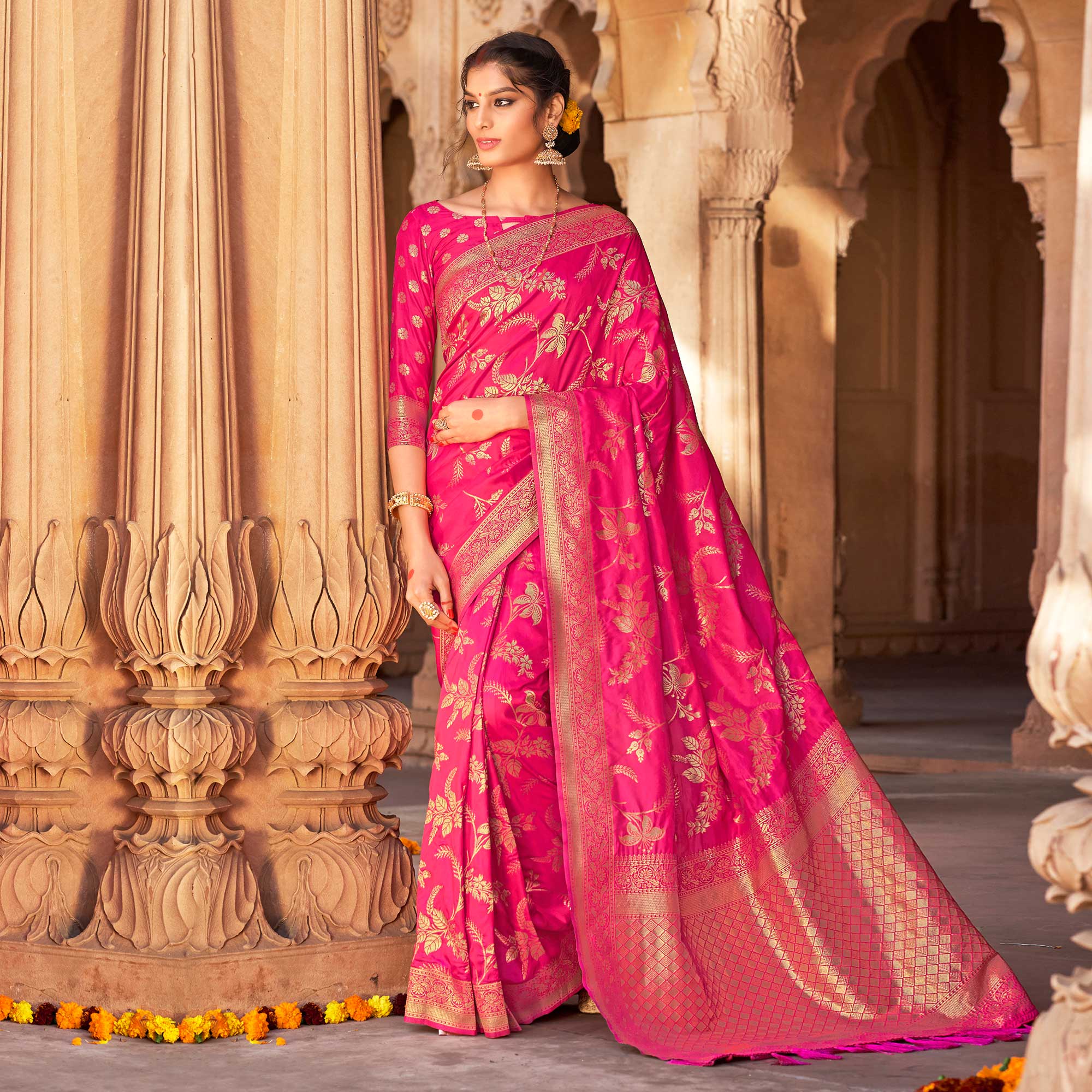 Pink Woven Pure Silk Saree