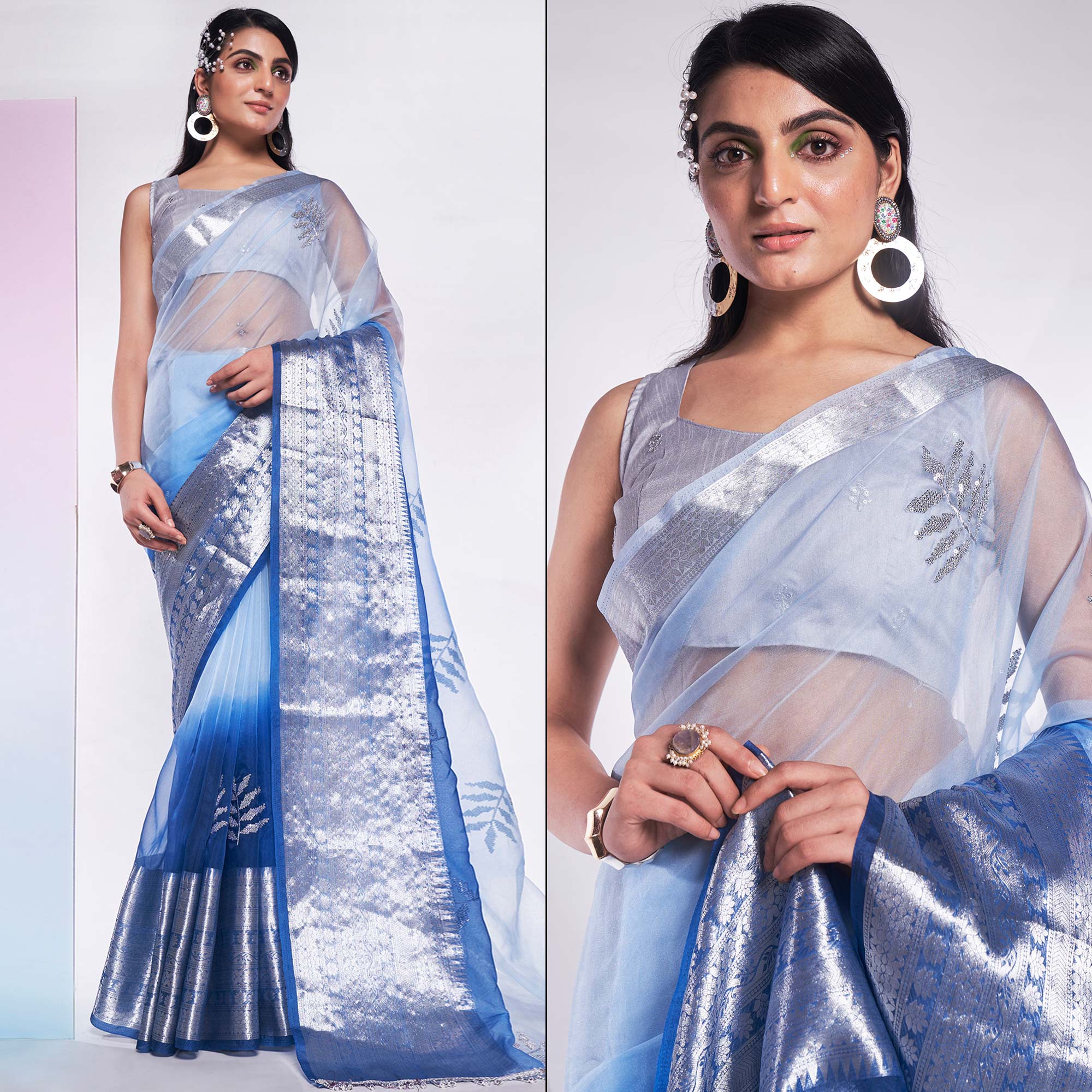 Blue Sequins Embroidered Organza Saree