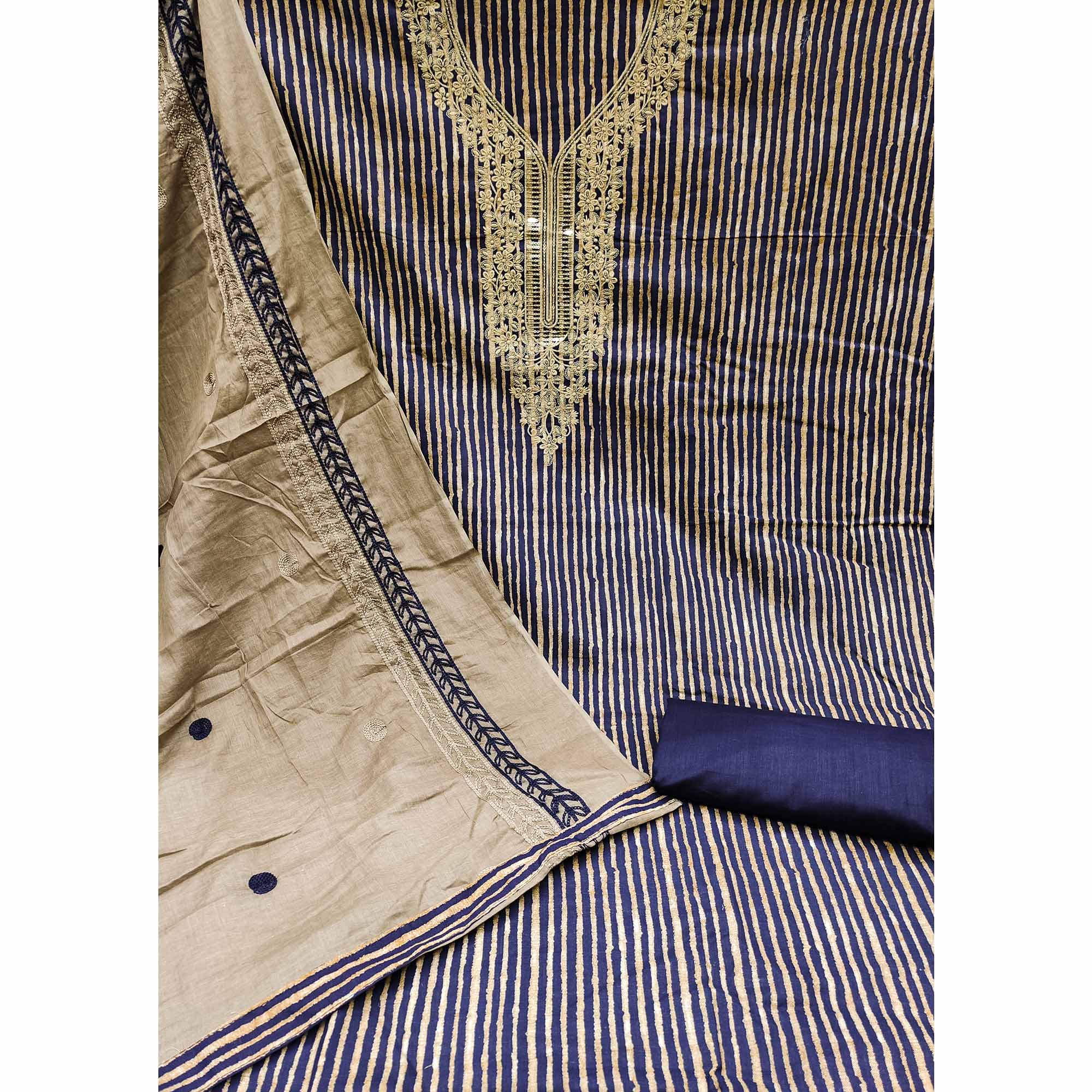 Navy Blue Printed With Sequins Embroidered Pure Cotton Dress Material