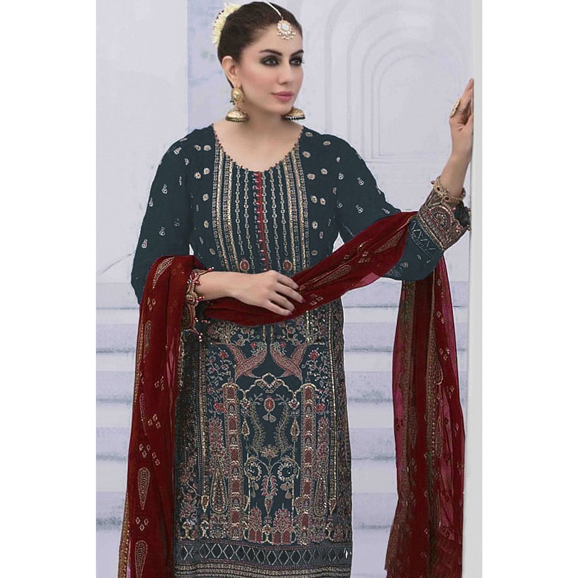 Grey Embroidered Georgette Semi Stitched Pakistani Suit