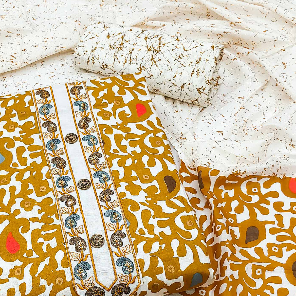 Mustard Printed Cotton Dress Material