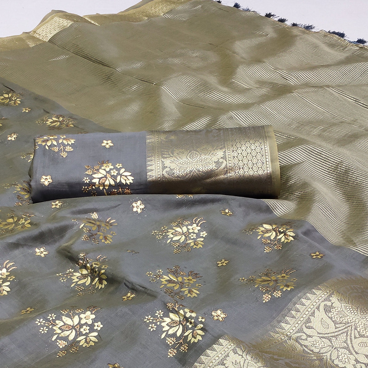 Grey Woven Organza Saree With Tassels