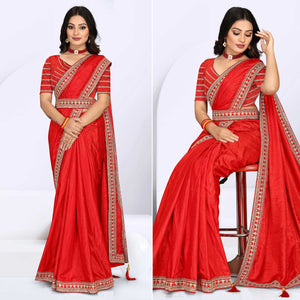 Red Sequins Embroidered Border Vichitra Silk Saree