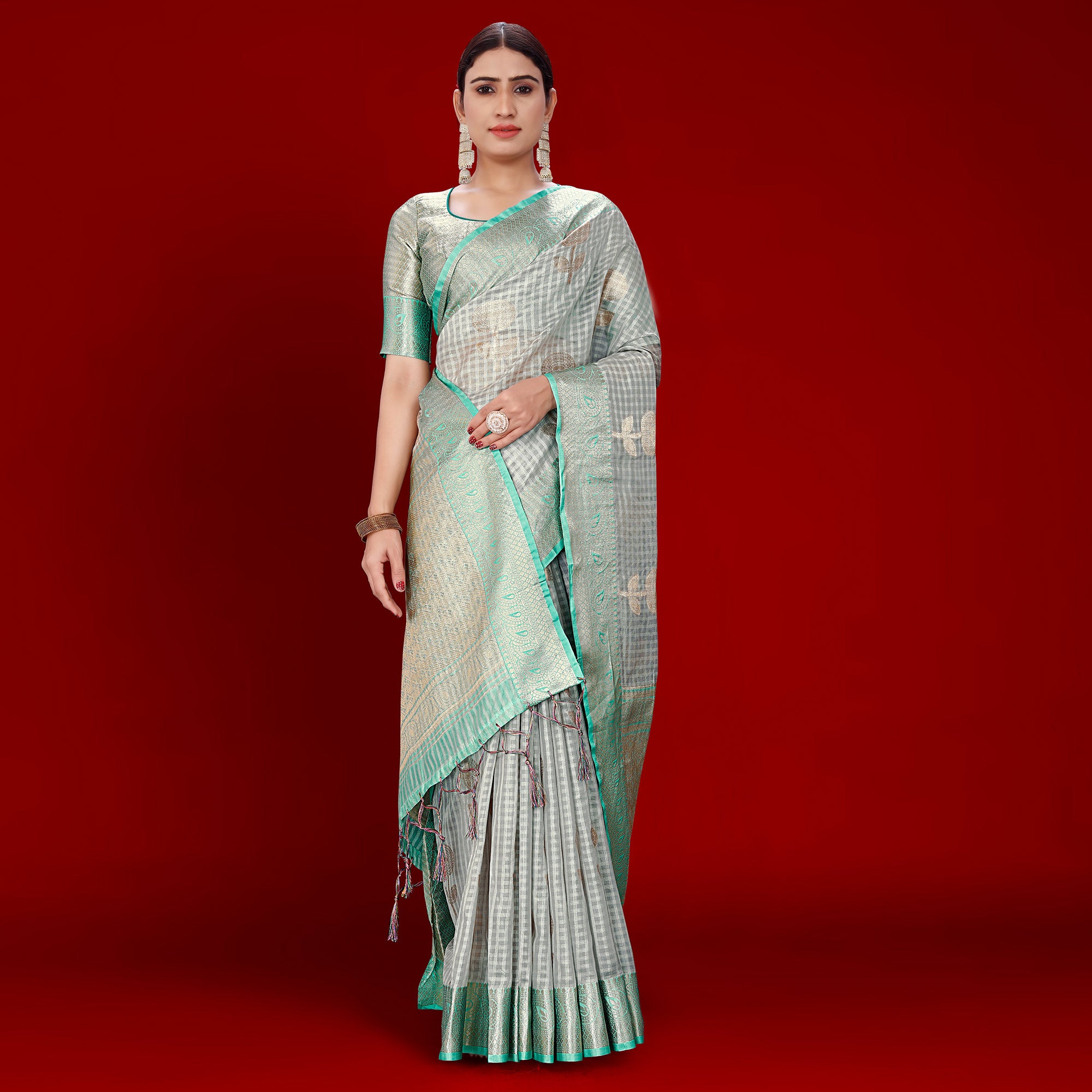 Grey Floral Woven Organza Saree With Tassels