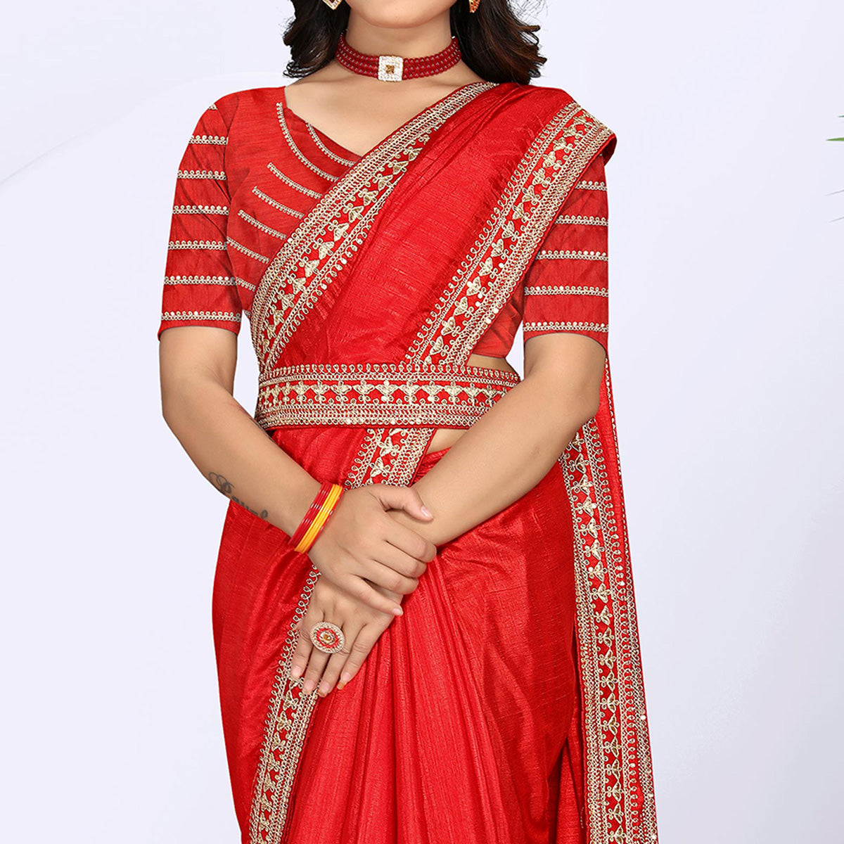 Red Sequins Embroidered Border Vichitra Silk Saree