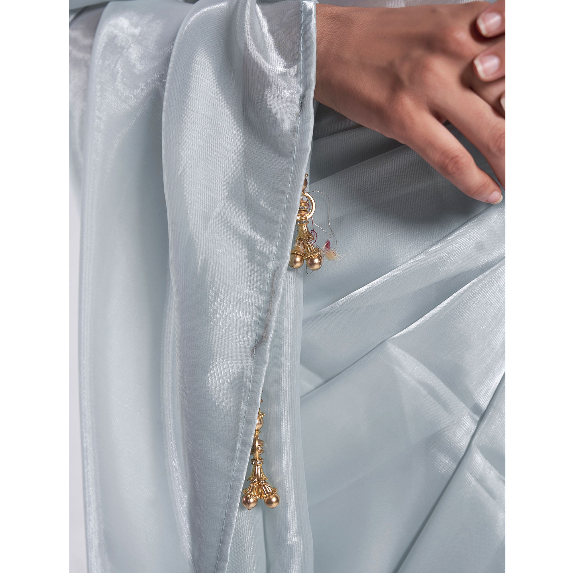 Grey Solid Organza Saree With Tassels