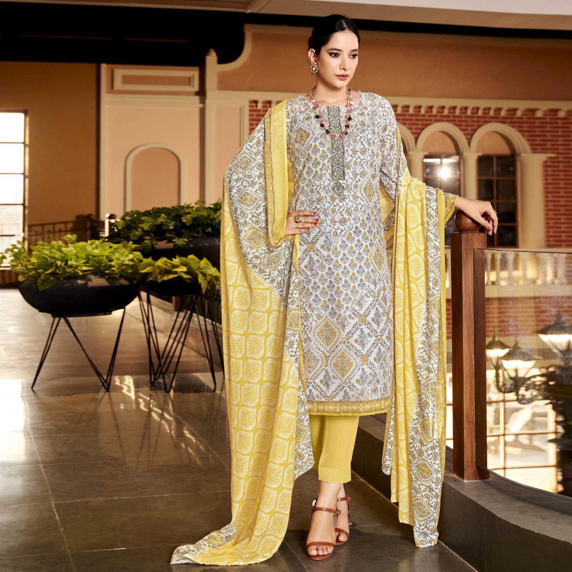 White & Yellow Floral Print With Embroidered Pure Cotton Salwar Suit