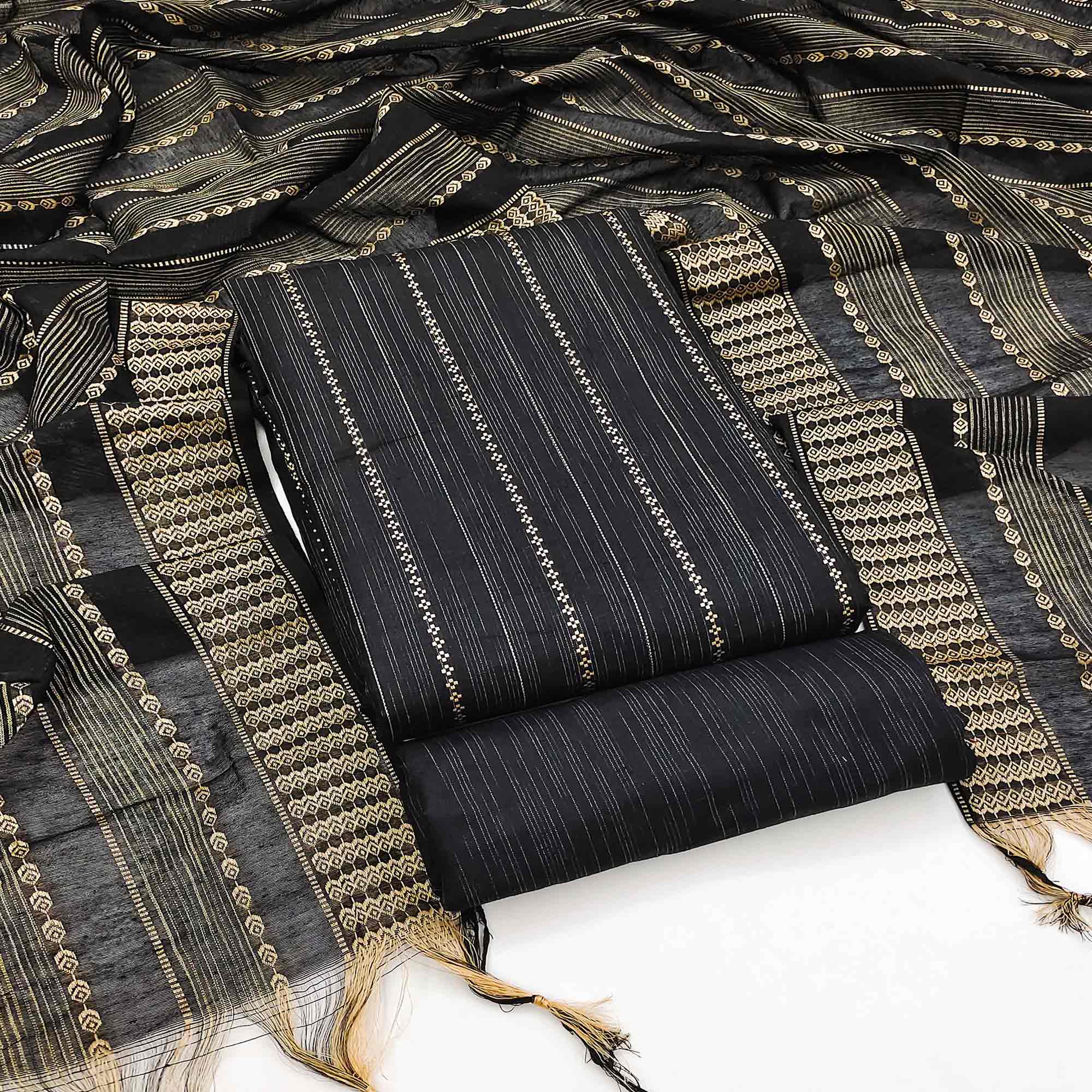 Black Woven Cotton Blend Dress Material