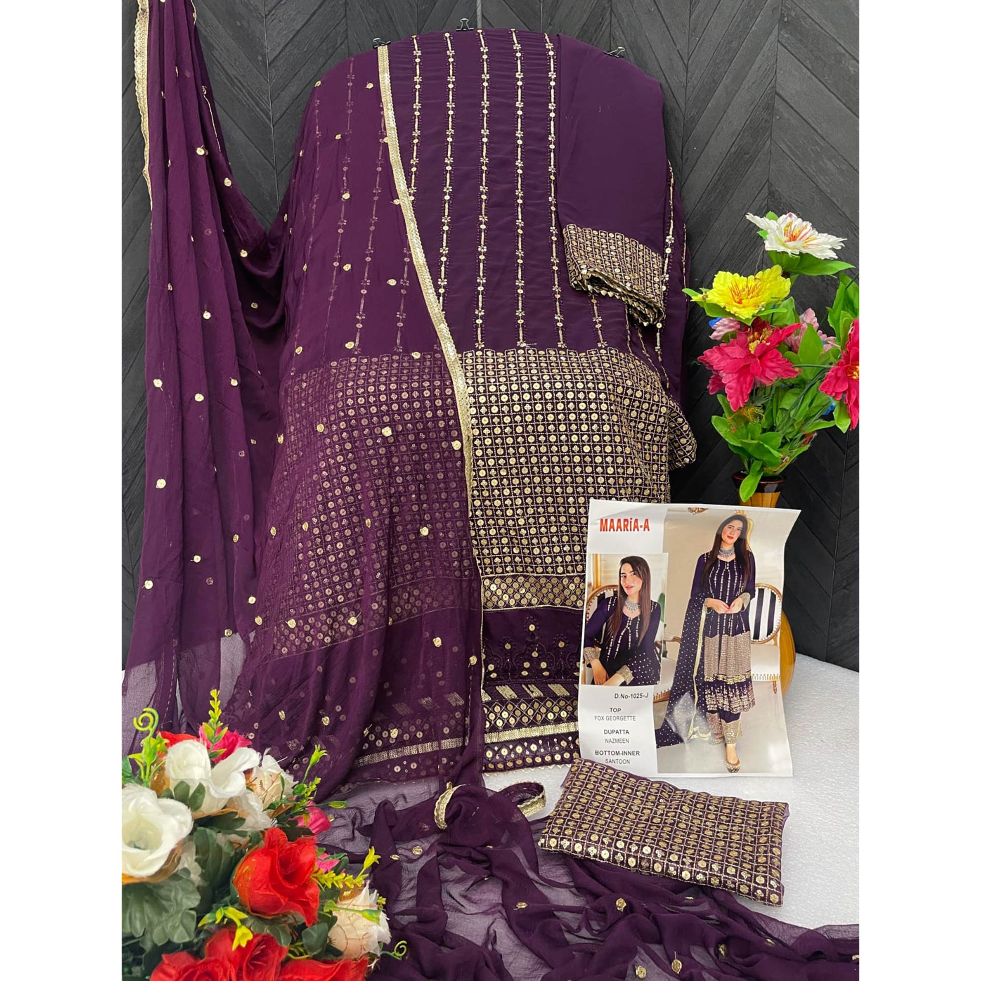 Purple Sequins Embroidered Georgette Pakistani Suit