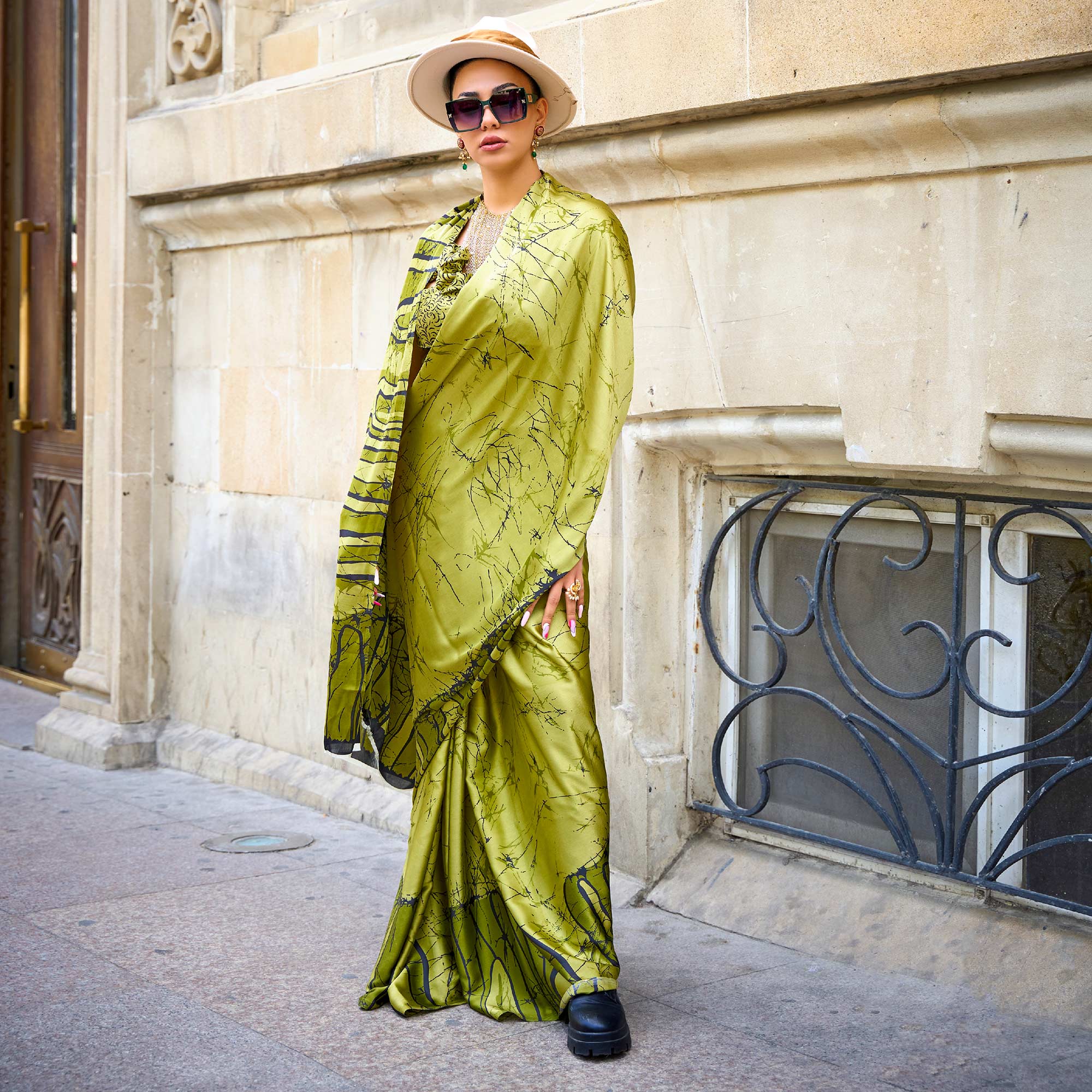 Olive Green Printed Crepe Saree