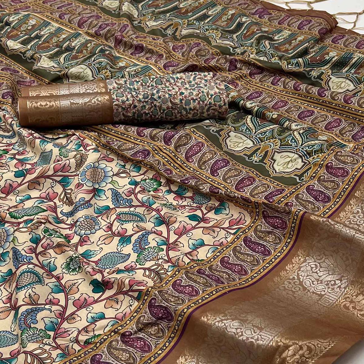 Light Brown Floral Digital Printed Pure Cotton Saree