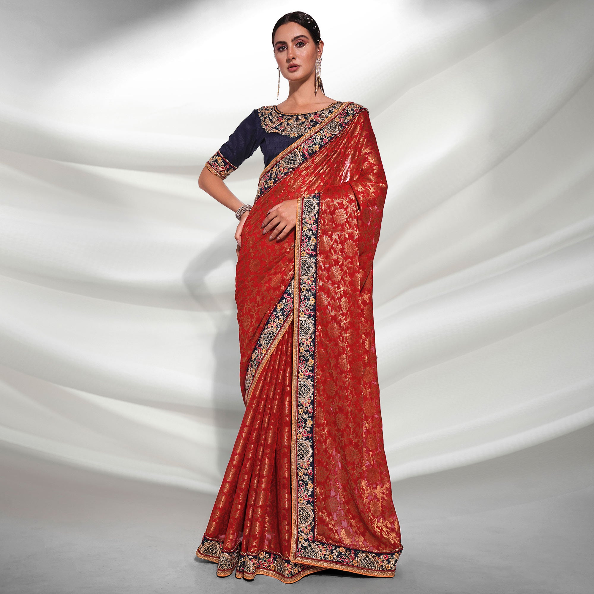 Red Woven With Embroidered Border Viscose Saree