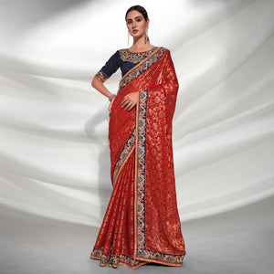 Red Woven With Embroidered Border Viscose Saree