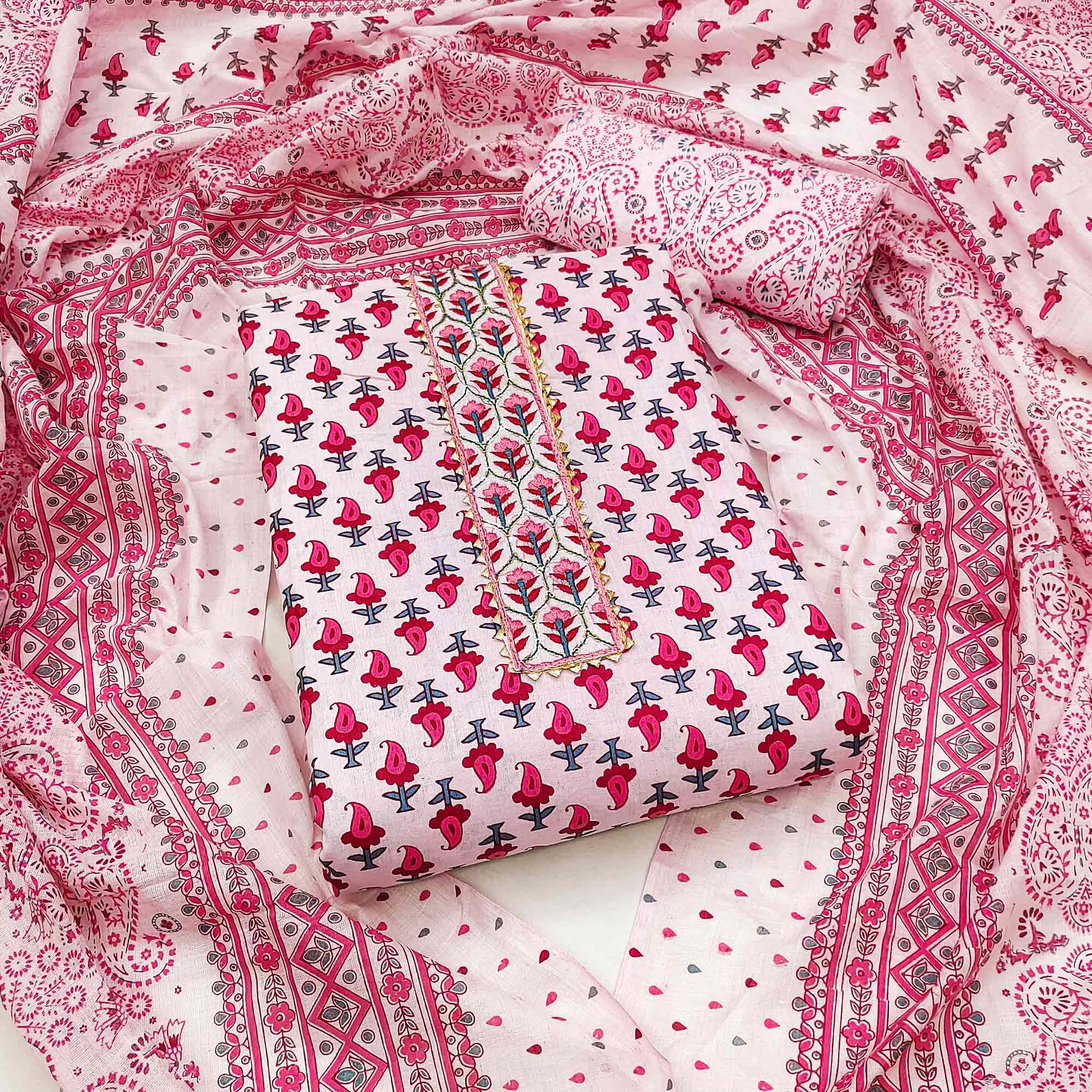 Pink Printed Cotton Dress Material