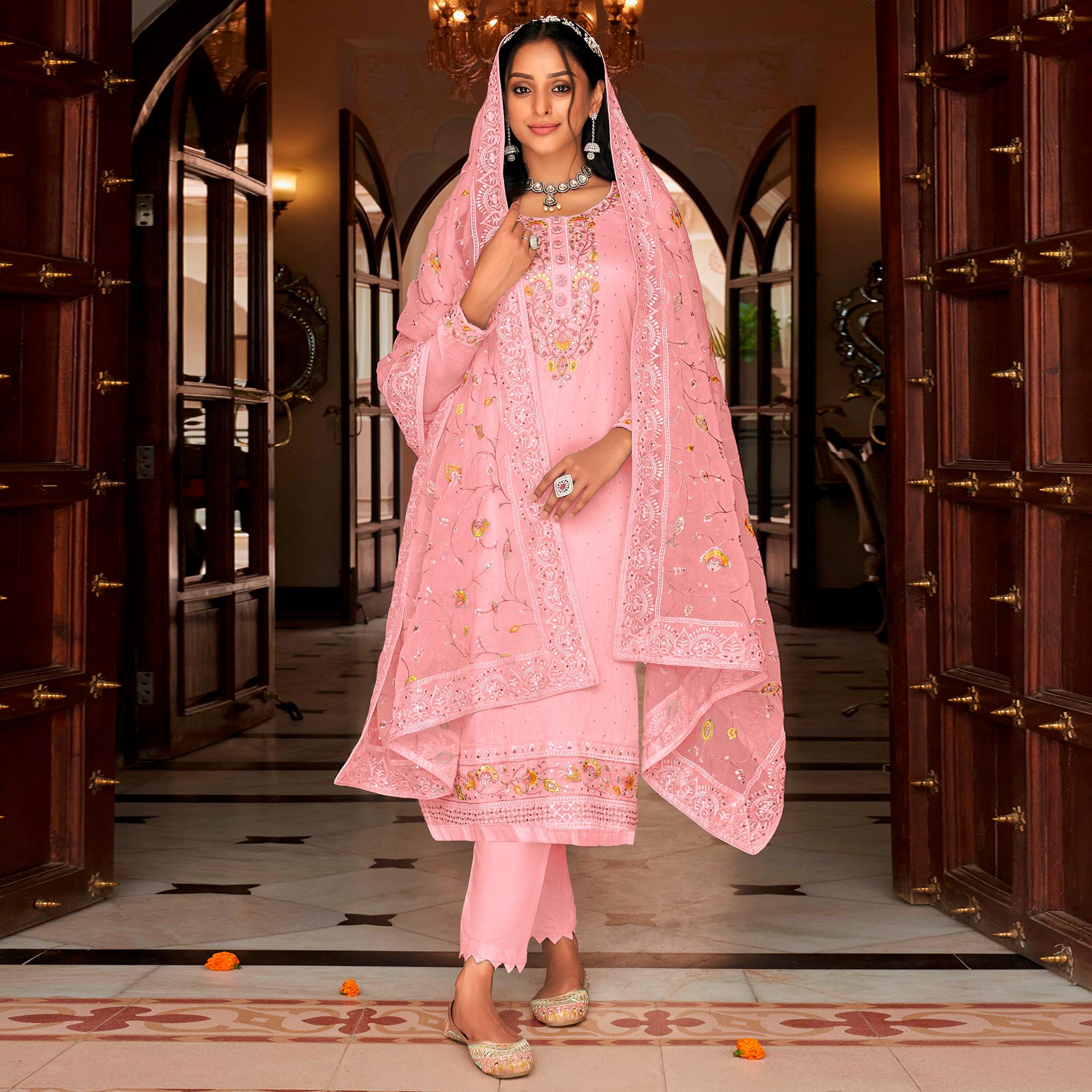 Pink Floral Embroidered Georgette Salwar Suit