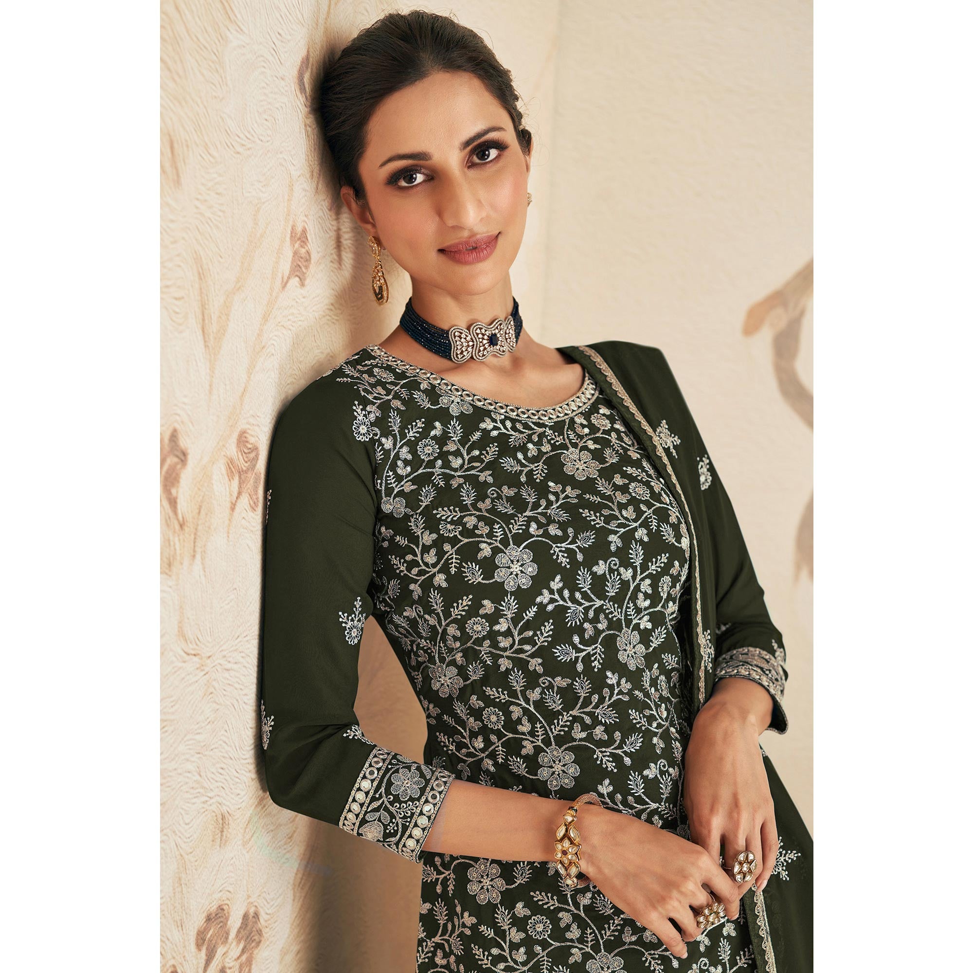 Dark Olive Green Sequins Embroidered Georgette Semi Stitched Sharara Suit