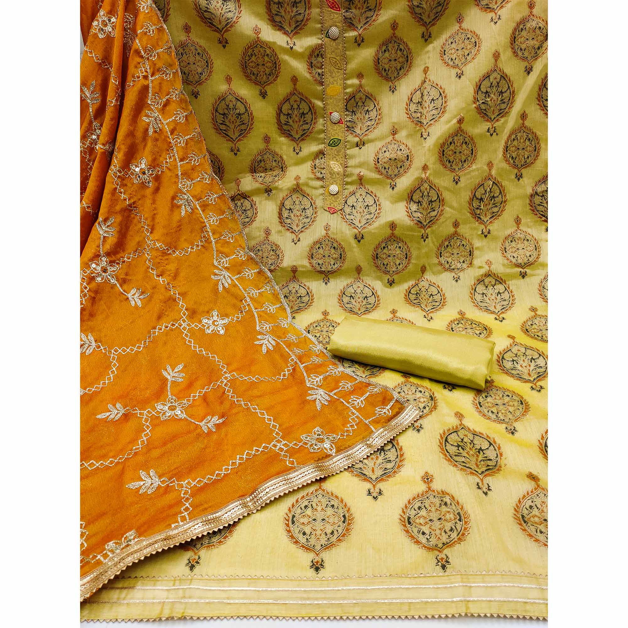 Yellow Embroidered Chanderi Dress Material