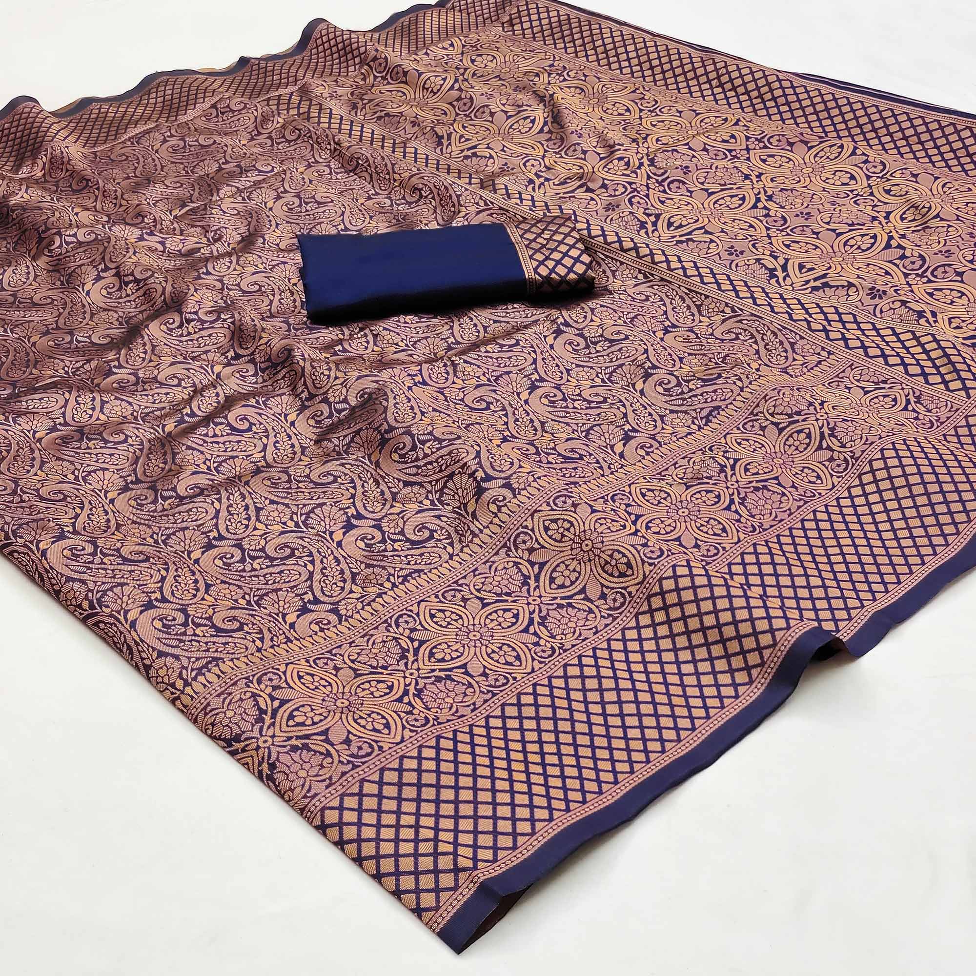 Navy Blue Woven Jacquard Saree