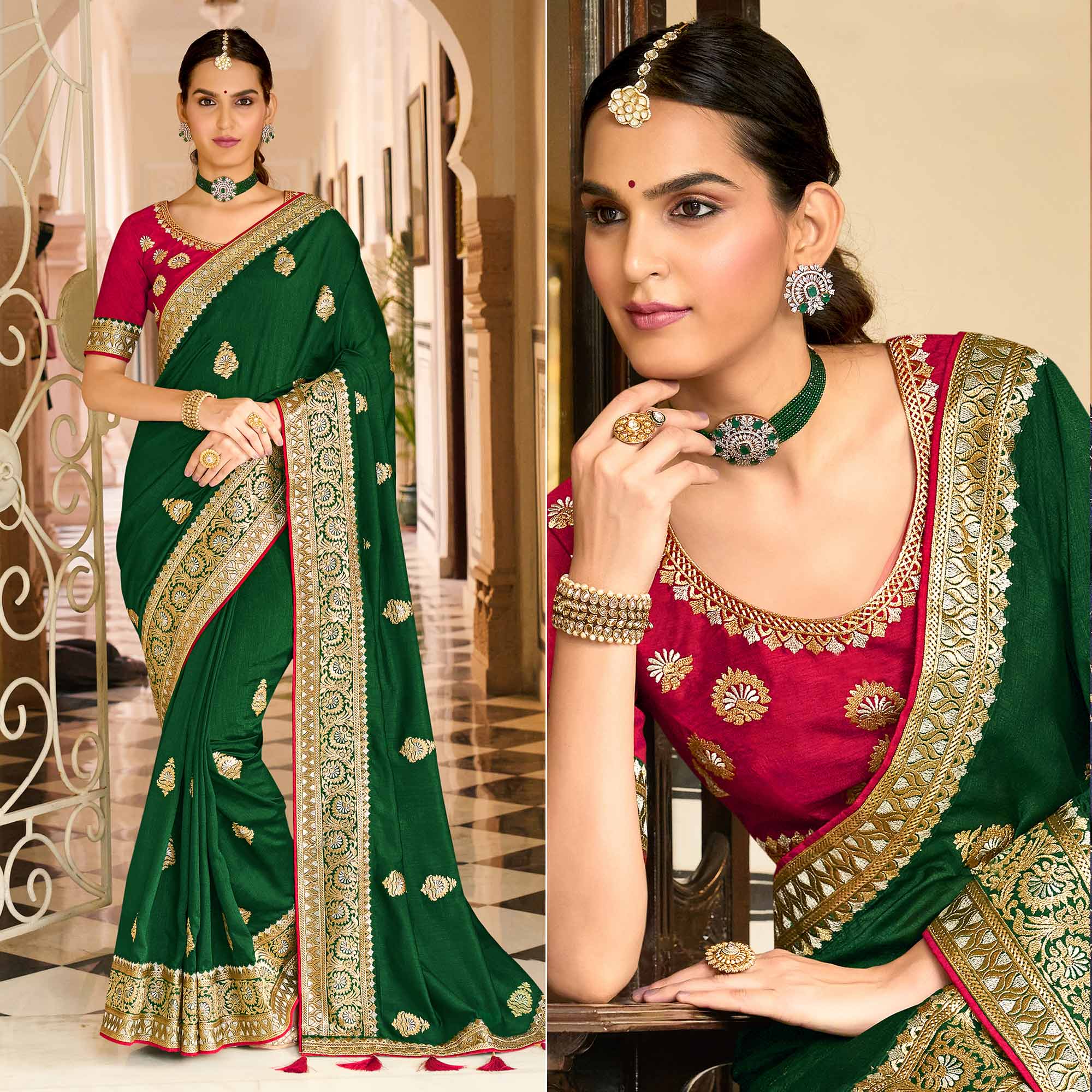 Green Embroidered Vichitra Silk Saree With With Tassels