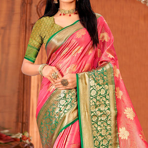 Pink Woven Art Silk Saree With Tassels