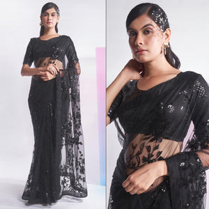 Black Floral Sequins Embroidered Soft Net Saree